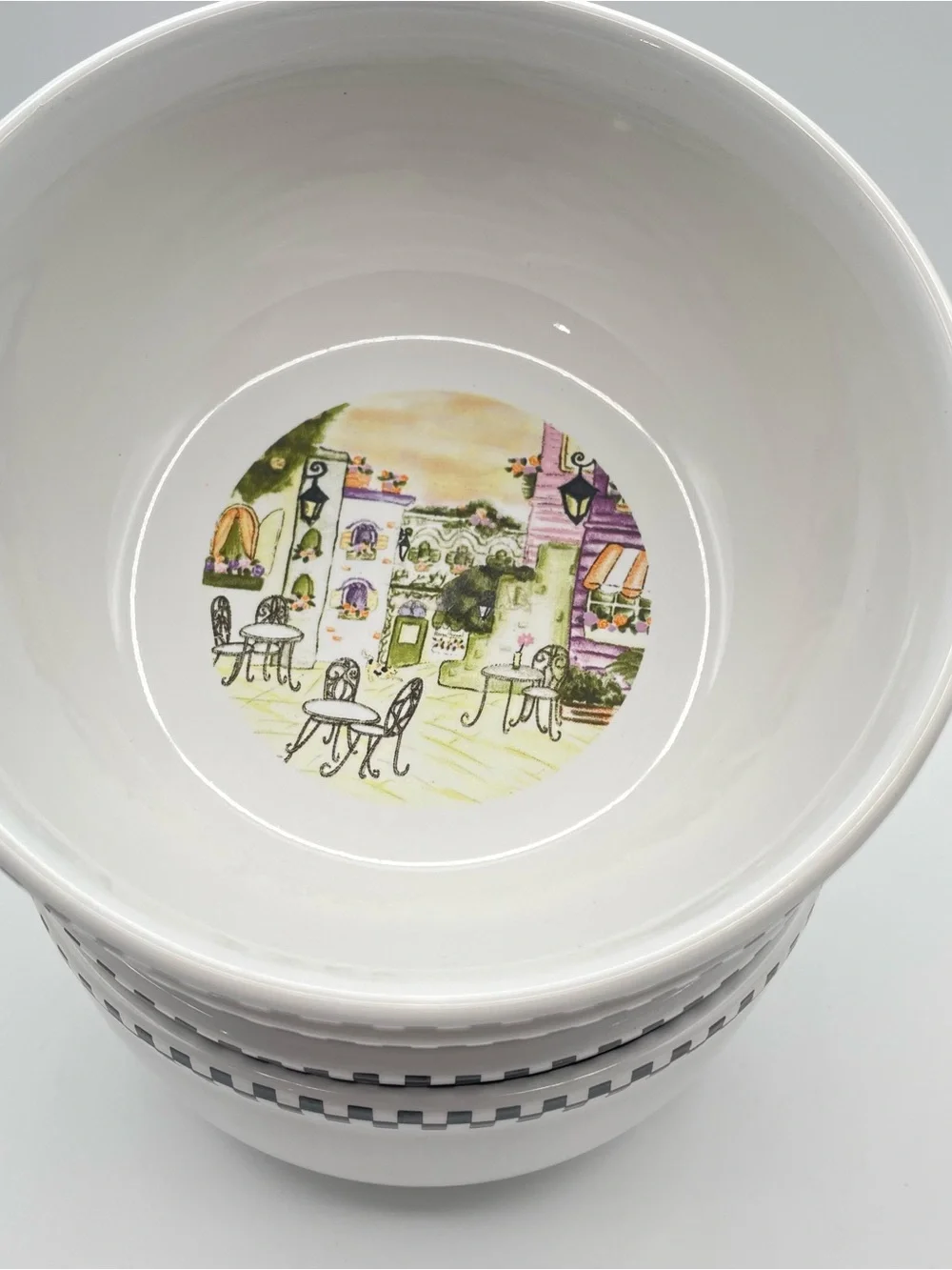 Set of 4 Bistro Cafe Scene Soup Bowls  6” Wide Black Check Border Ceramic